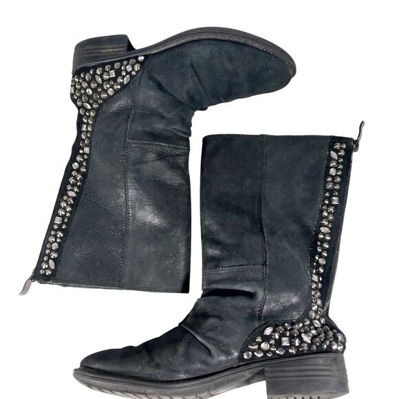 REBA! BLACK GENUINE LEATHER & SUEDE JEWELED & STUDDED MOTO ANKLE BOOTS! SZ 6M - Picture 9 of 12